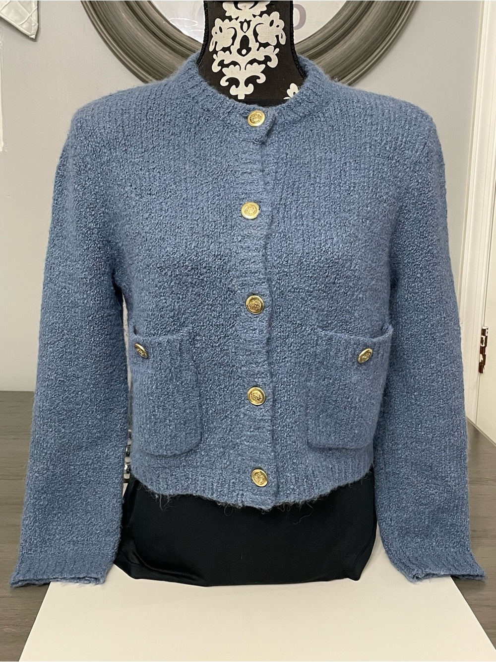 Massimo Dutti Blue Bouclé Cardigan Gold Buttons S NWT $199 Retail